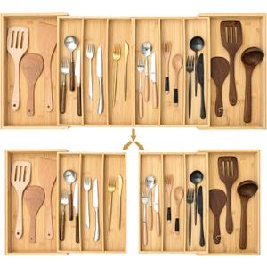 Kathfly Extra Large Drawer Organizer Kitchen Utensils Expandable 21.4 to 36 Inches Wid, Adjustable Bamboo Silverware Tray Cutlery Utensile Flatware Organizer Holder Drawer Divider for Spoons and Forks