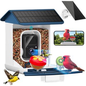 Smart Bird Feeder with Camera-AI Identify 11,000+ Species, 2K HD Auto Capture Birds Video & 64G TF Card, Solar-Powered Wireless Outdoor Design, Birdhouse with Built-in Two-Way Microphone