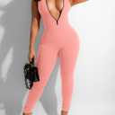 chicyes Women's Bodycon Jumpsuits Sleeveless Ribbed Zipper Sexy One Piece Pants Rompers Summer Outfits Pink (Pink, S)