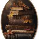 LKETW Dark Academia Fall Book Oval Wall Art Decor, Vintage Moody Bookish Oval Canvas Hanging Decor, Rustic Fall Autumn Decorations for Library Reading Nook Corner Room Gallery, 8.6x11.4 Inch Cat