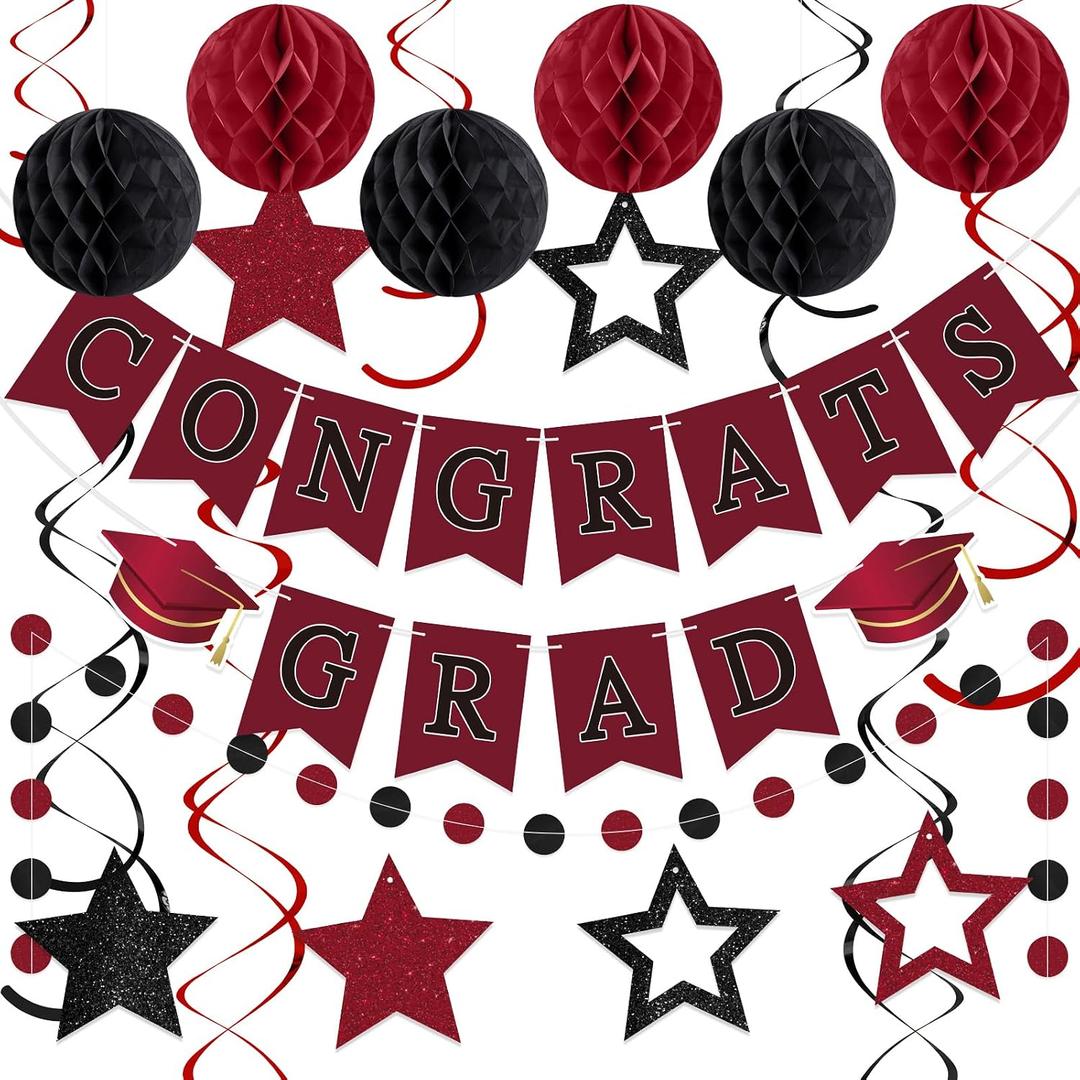Seenelling 2026 Graduation Decoration Congrats Grad Banner with Hanging Swirl Honeycomb Ball Circle Garland Grad Party Supplies for College Senior High School Classroom Decor(Burgundy and Black)