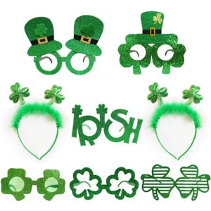 JAKADYUKS St. Patrick's Day Glasses Headbands 8 Packs Party Favors, Irish Green Shamrock Clover Costume Accessories, Eyeglasses Frame Selfie Photo Booth Props for Saint Pattys Day Party Supplies