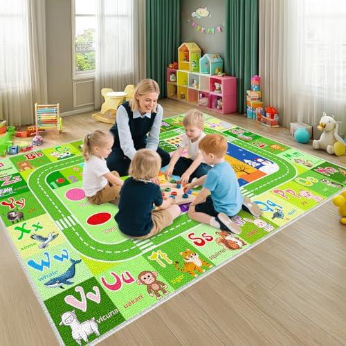 BATATADOCE Kids Rugs for Playroom - Educational Rug with ABC Alphabet, Animals Colors, ABC Rugs for Children Playroom Cartoon Kids Play Mat for Bedroom Decor, Green, 5x7 Feet