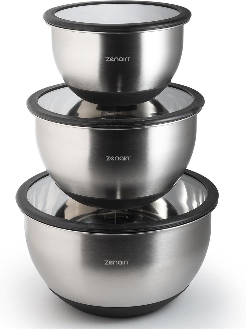 Premium Quality/Heavier Gauge Metal Mixing Bowls Stainless Steel Mixing Bowls with Lids Set 3-Piece Dishwasher-Safe Clear Glass Lids, No Plastics