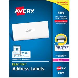 Avery Easy Peel Printable Address Labels with Sure Feed, 1" x 2-5/8" Customizable Stickers, White, 3,000 Blank Mailing Labels, Great for Mailing, Shipping, and More (5160) (1 in. X 2-5/8 in.)