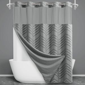 Extra Long No Hook Shower Curtain with Snap in Liner, Tufted Chevron Striped Shower Curtain Set for Bathroom, Boho Waterproof and Washable Shower Curtains,71Wx86H, Grey