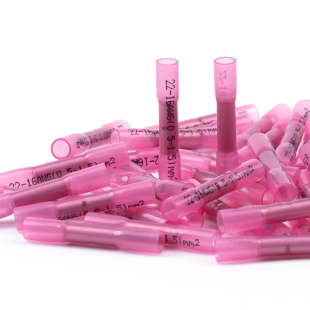 AIRIC Heat Shrink Butt Connectors 22-16 AWG, 100 Pcs Waterproof Electrical Crimp Splice Terminal for Auto Repair, Insulated Marine Grade Connector for 22,20,18,16 Gauge,Wire Crimps Terminals, Red