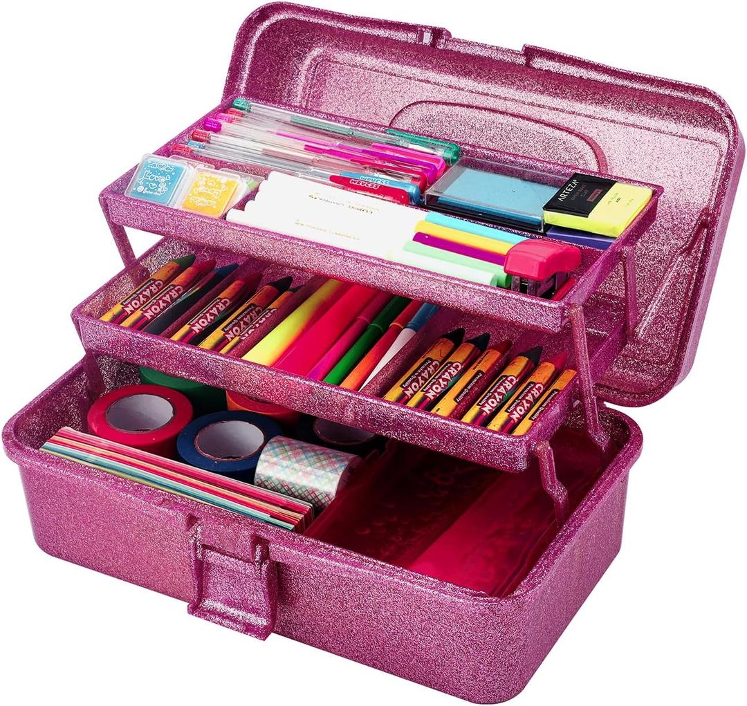 Glitter Purple 3 Layer Craft Storage Box, Purple Tackle Box Organizer for Craft Tool, Cosmetic Organizer for Girls (Pink)