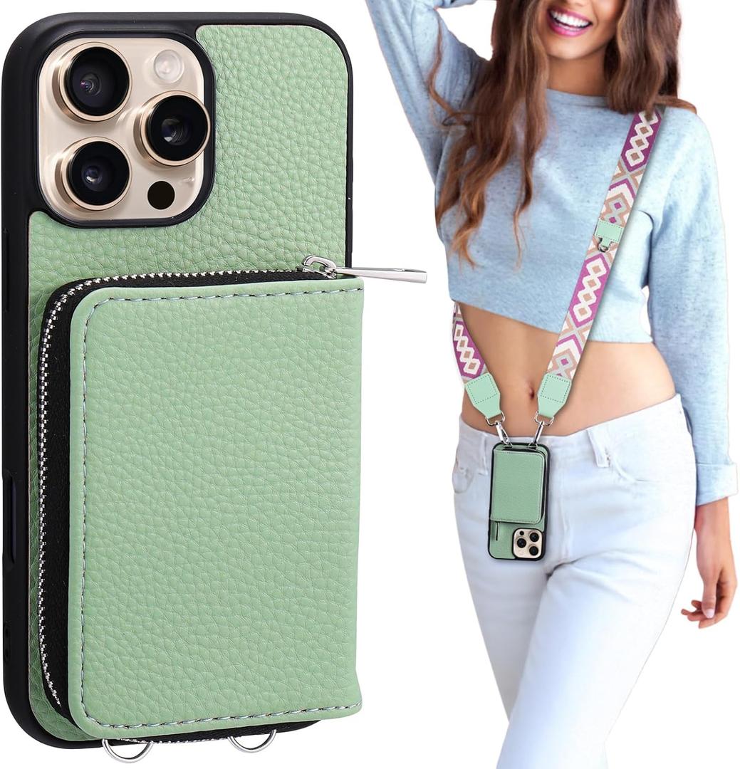 XANGNIER Wallet Case for iPhone 16 Pro, RFID Blocking PU Leather Crossbody Phone Purse with Card Holder, Zipper Pocket, Wrist Strap & Adjustable Lanyard for Women 6.3" 5G, Green