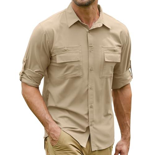 Men's Sun Protection Fishing Shirts Long Sleeve Travel UPF 50+ UV Quick Dry Cooling Safari Camping Hiking Button Down Shirts #5061-Khaki-L