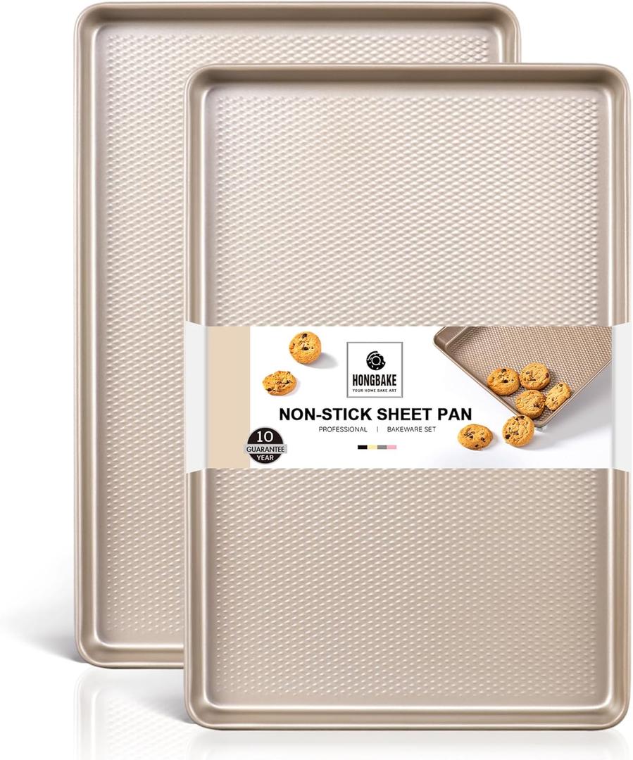 HONGBAKE 2 Pack Half Sheet Baking Pans, Non Stick Baking Sheet for Oven, 57% Thicker Carbon Steel Cookie Sheets for baking, 17.5" x 12" Cookie Trays (Champagne Gold)