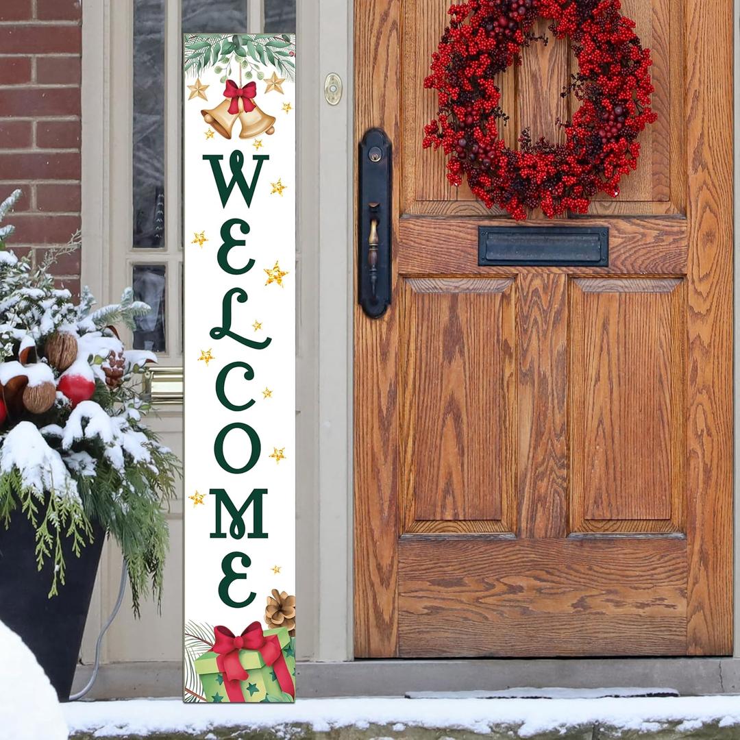 Christmas Welcome Sign Xmas Front Door Hanging Decor Wooden Vertical Indoor Outdoor Porch Standing Signs For Garden Home Yard Farmhouse Porch 47.2 x 7.8 Inch (White)