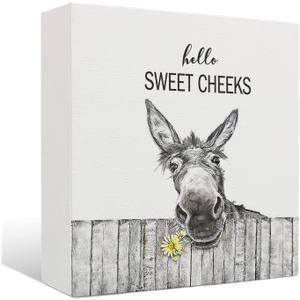 2 x Funny Bathroom Wooden Signs - Rustic Hello Sweet Cheeks Bathroom Decor, Funny Donkey Farmhouse Decor, 5 X 5 Inches