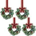4PACK Mini Christmas Faux Kitchen Cabinet Wreaths with Red Black Plaid Ribbon Artificial Green Leaves Red Berries Hanging Wreaths for Home Front Door Christmas Holiday Indoor Decor