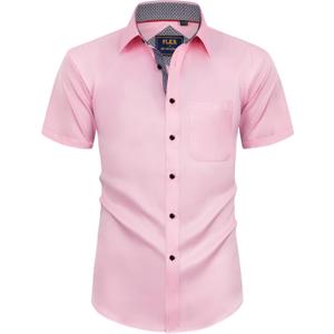 Alimens & Gentle Mens Short Sleeve Dress Shirts Wrinkle Free Solid Casual Button Down Shirts with Pocket (Small, Pink)