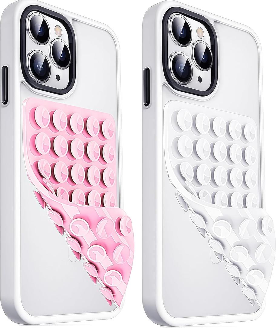Anteel 2 Pack Double Sided Silicone Suction Cup Phone Case Mount, Hands-Free Strong Grip Silicon Phone Holder for Selfies and Videos, Non Slip Phone Accessories (LightPink&White)
