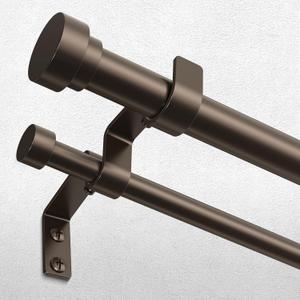 Double Curtain Rod, 1 Inch Bronze Extra Long Dual Curtain Rods 72 to 144 Inch with Aluminium Modern End Cap Finial, Adjustable Heavy Duty Window Treatment Rod, Telescopic Metal Double Drapery Pole Set, Bronze, 36"-144"