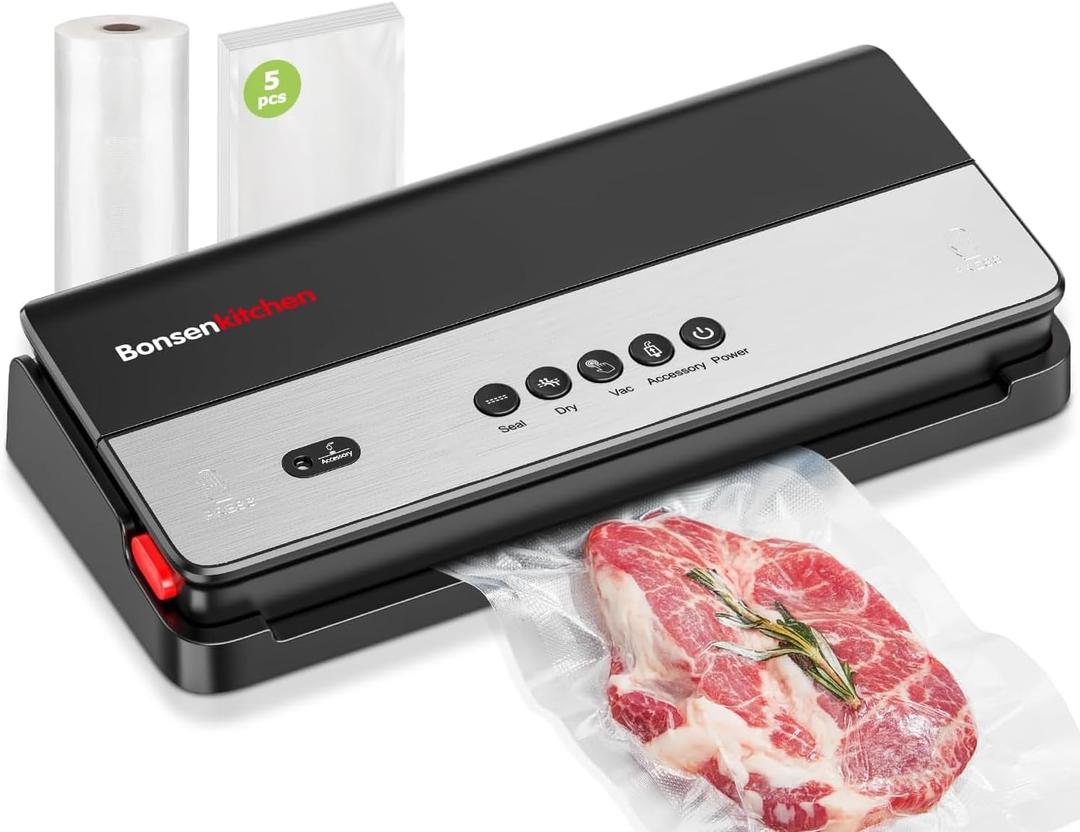 Bonsenkitchen Vacuum Sealer Machine, Multi-Functional Food Sealer with Built-in Cutter & Bag Storage, High-Speed Continuous Working with Globefish Technology, Includes Vacuum Bags & Roll Bag
