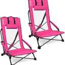 SPORT BEATS Low Beach Chairs Set of 2 Folding Beach Chairs High Back Support with Head Pillows Shoulder Straps
