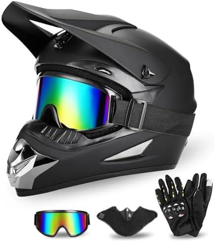 Full Face Dirt Bike Helmet DOT Certified - Complete Adult ATV Helmet Kit with Goggles, Gloves & Mask, Adjustable Visor, Quick Release, XL