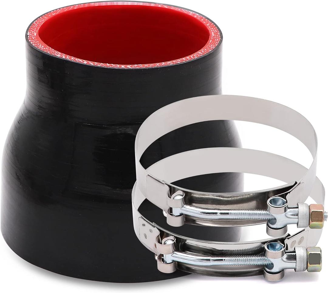 3 to 4 inches Straight Black Silicone Reducer Coupler with 2 T-Bolt Clamps 4 Layers of Polyester Reinforcement Suitable High Level Turbo Pipe
