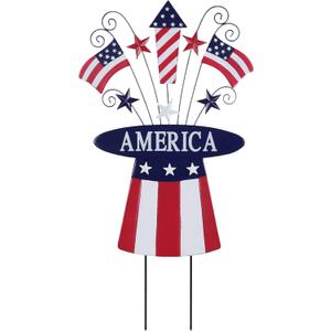 hogardeck 4th of July Decorations Outdoor, 31" Metal Patriotic Hat with Flag Star Rocket Decorative Garden Stakes for Fourth of July Decorations, Memorial Day Yard Signs for Garden Lawn Porch Decor