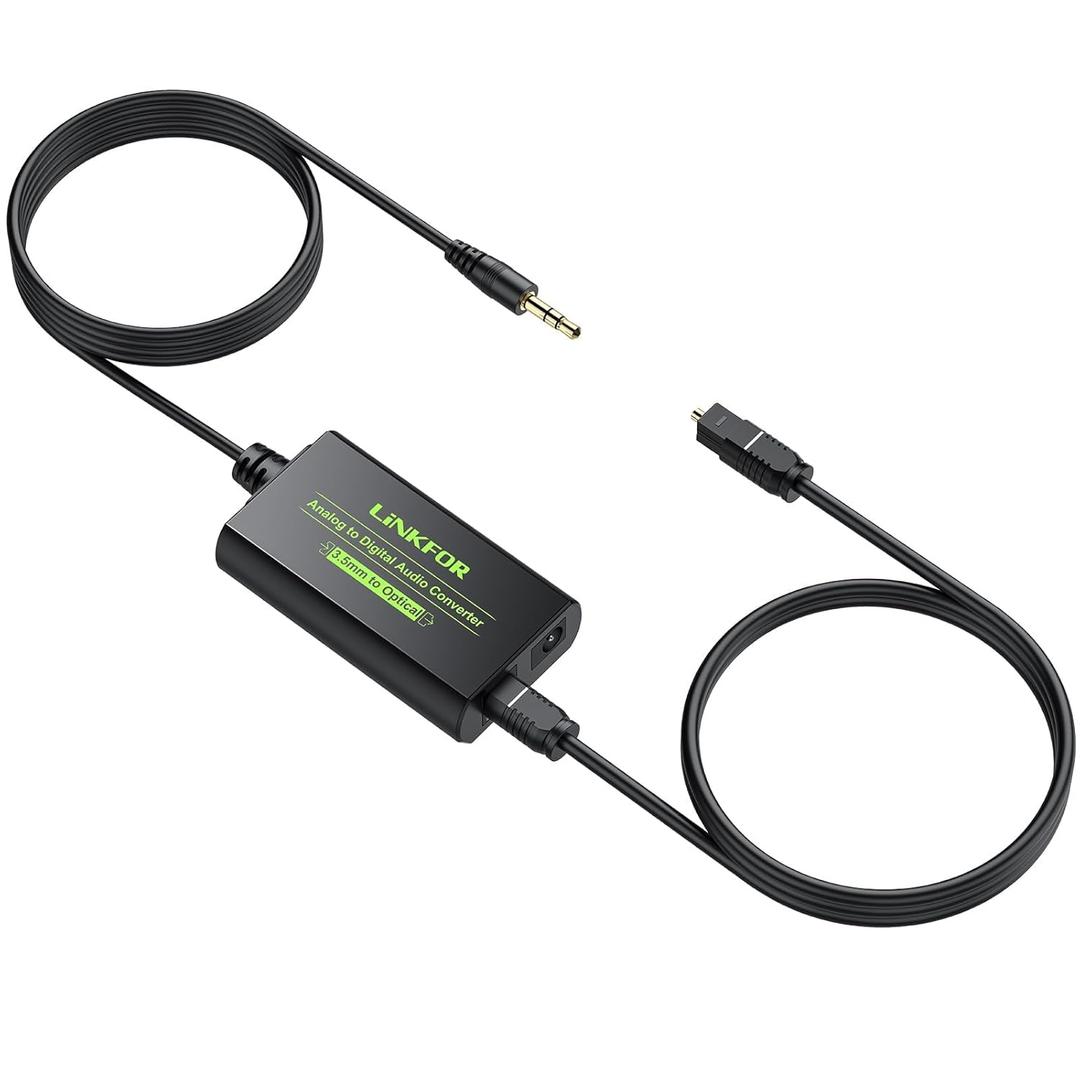 LiNKFOR 3.5mm to SPDIF Converter Analog to Digital Audio Adapter for Enhanced Sound Toslink Optical Output 3.5mm to Optical with Optical Cable for Amplifiers & Soundbars