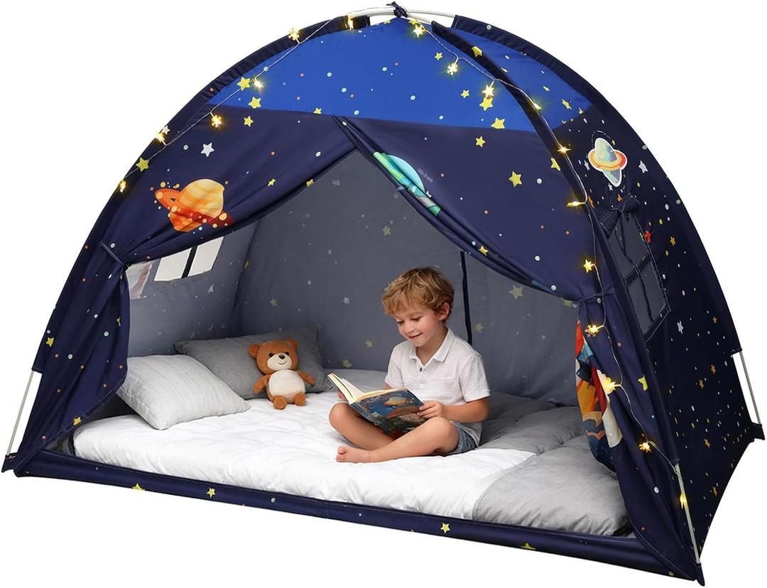 Twin Bed Tent Canopy, Space Indoor Blackout Privacy Toddler Bed Tent for Kids with Light, Portable Sleeping Floor Kids Playhouse (Blue, Twin Size) (Twin-76.4"L x 39"W x 49"H)