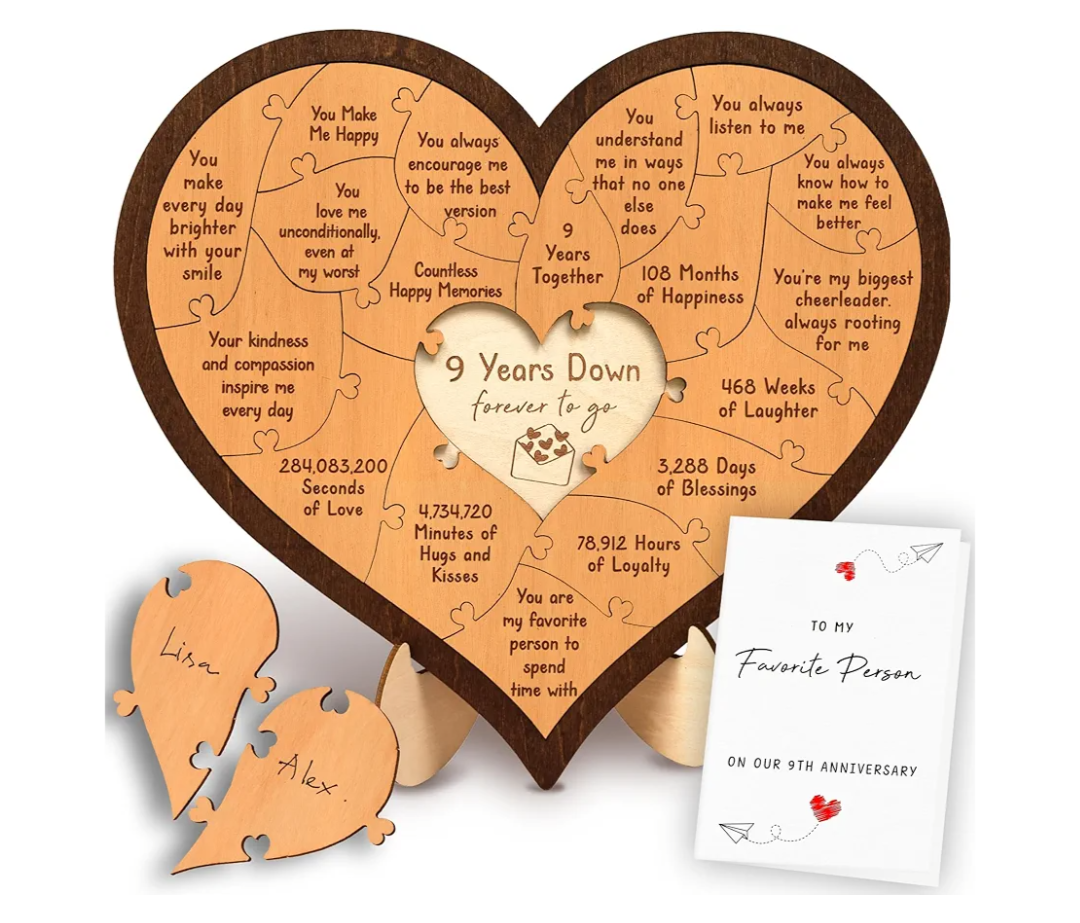 9 Year Anniversary Pottery Gifts for Him Her - Happy 9th Anniversary Wedding Gifts for Husband Wife, Willow Gift for 9 Years Wood Heart Puzzle