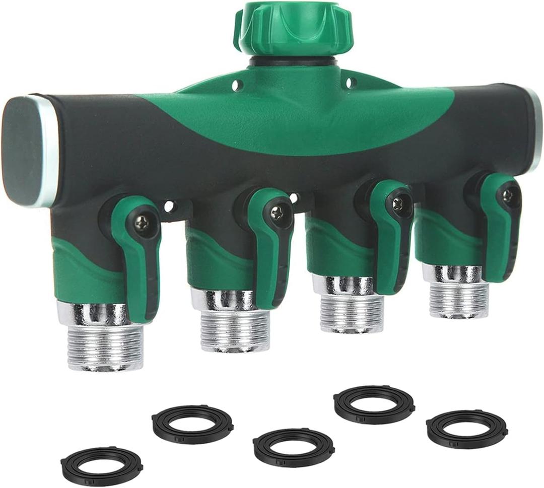 Garden Hose Splitter 4 Way - 3/4 Inch Heavy Duty Metal Water Faucet Splitter with Shut Off Valves 4 Way Leakproof Hose Connectors with Comfortable Rubberized Grip for Gardening Hoses 5 Washers