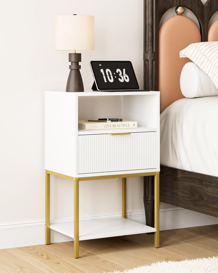 Nightstand, Modern Bedside Table with Gold Frame, 25.51''H End Table,White Night Stand,3-Tier Storage Side Table for Bedroom,Living Room (Modern-Stripes, White.)