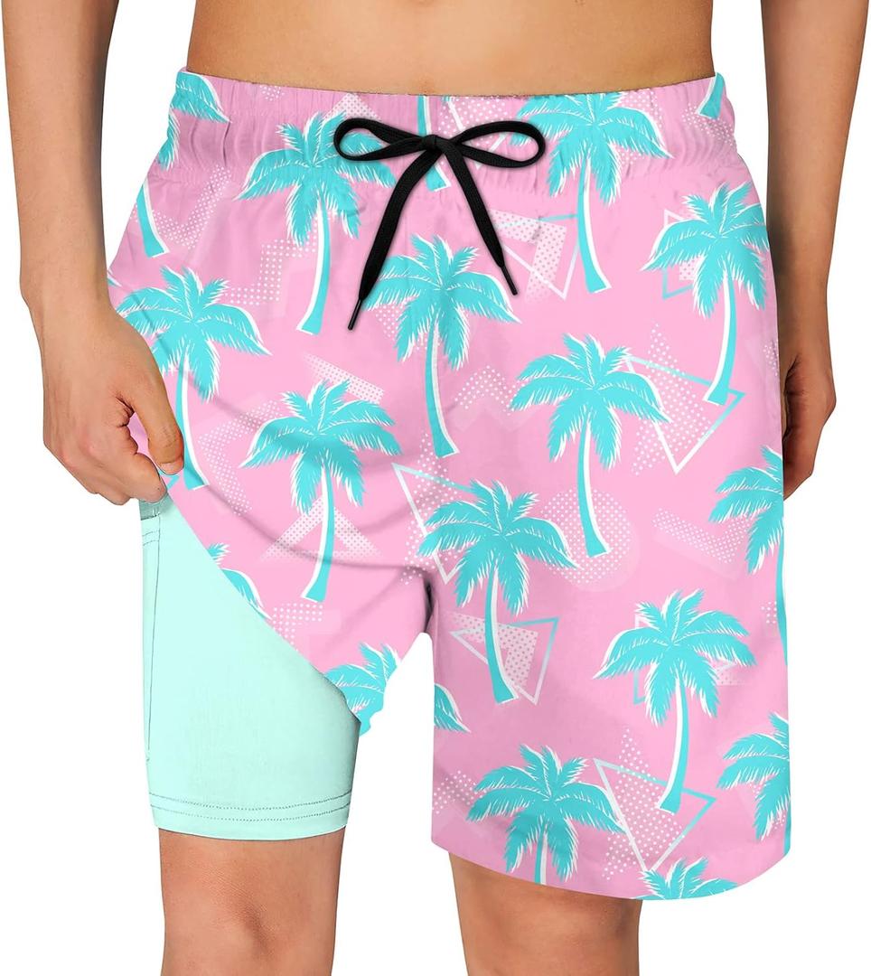 Cozople Boys Swim Trunks Compression Liner Swim Shorts Quick Dry Bathing Suit with Boxer Brief Swimwear 2-20T (Pink)