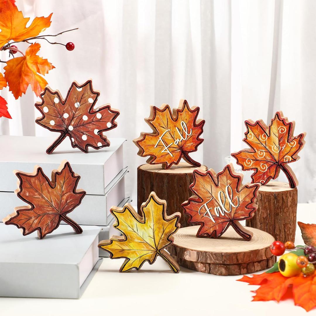 6 Pcs Fall Wooden Leaves Decorations Farmhouse Thanksgiving Table Decor Vintage Harvest Tabletop Decoration Wooden Maple Leaves Centerpiece for Thanksgiving Fall Party (Stylish)