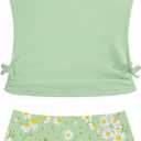 Girls Tankini Swimsuits Two Piece Bathing Suit Drawstring Swimwear Set for Girls 13-14 Years (Green-Daisy)