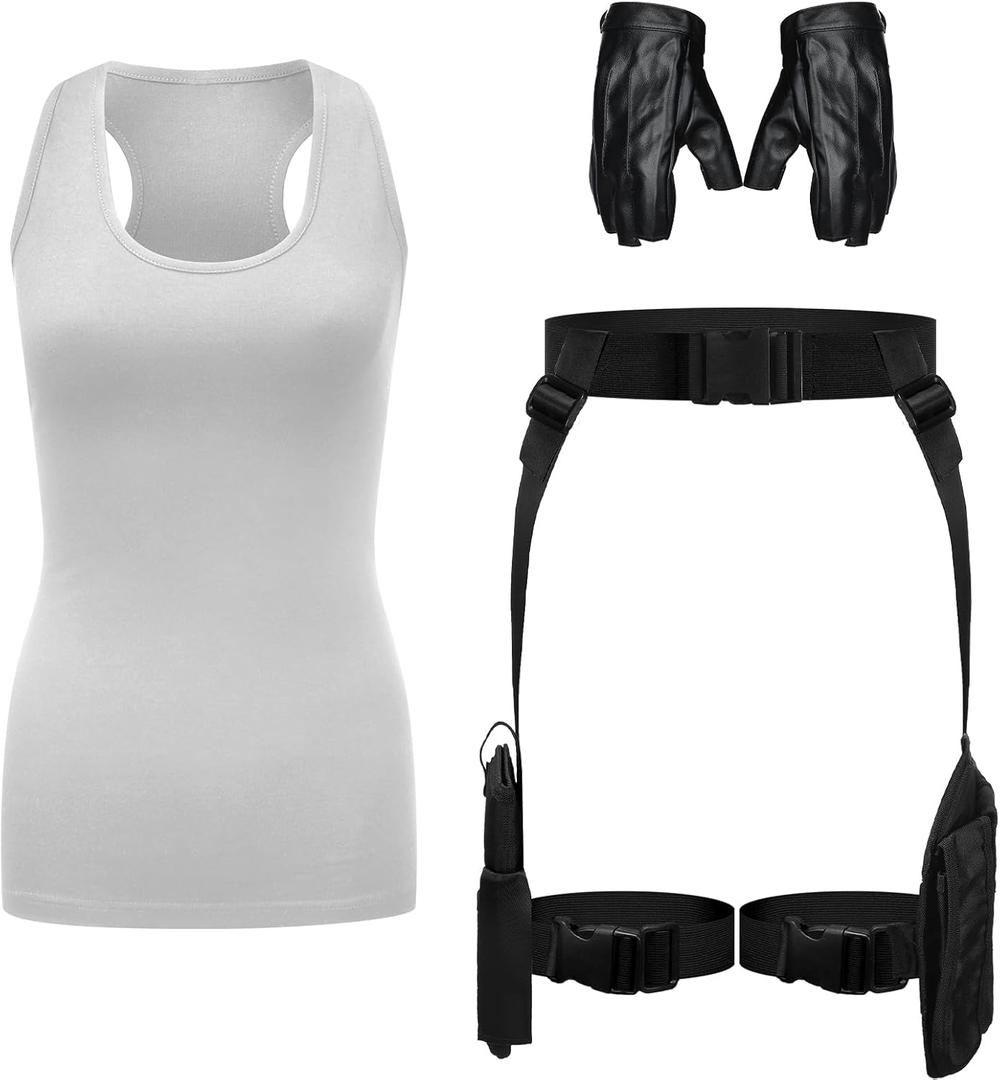 Kathfly 3 Pcs Halloween Thigh Holsters Costume for Women Leg Thigh Gun Holster Drop Adjustable Universal Pistol Holster Holder with Magazine Pouch Racerback Crop Tank Top Leather Gloves (Gray)