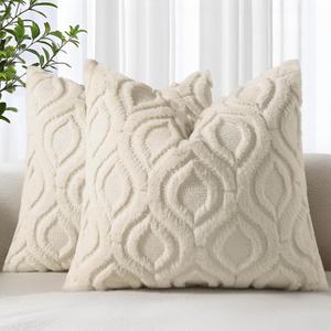 decorUhome Throw Pillow Covers 20x20 Inch Set of 2, Soft Plush Faux Wool Beige Solid Couch Pillow Covers, Accent Farmhouse Neutral Square Pillow Cases for Sofa Bed Living Room