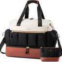 LOVEVOOK Travel Duffel Bag, Weekender Bags for Women, Large Overnight Bags with Shoe Compartment, 47L Carry on Gym Hospital Bag with Wet Pocket, 2 Pcs (Beige-Black-Brown)