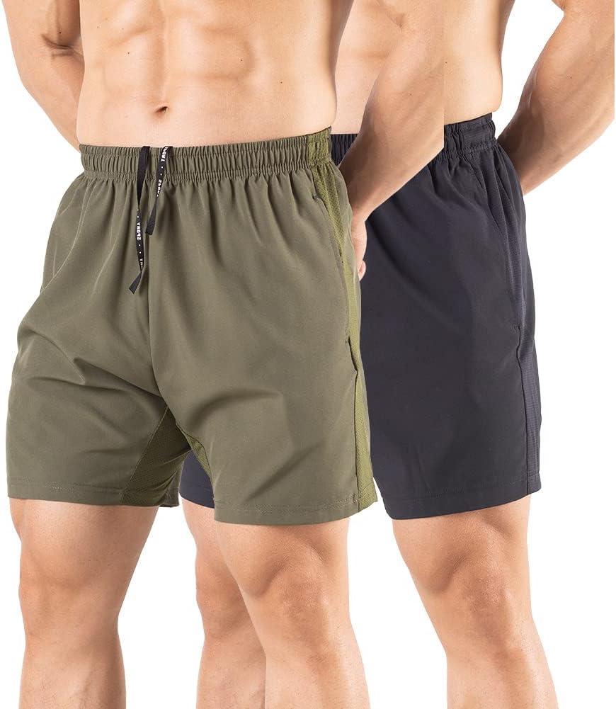 Men's 5" Running Shorts 2 Pack Quick Dry Athletic Workout Gym Shorts with Zipper Pockets (Large, Black/Green)