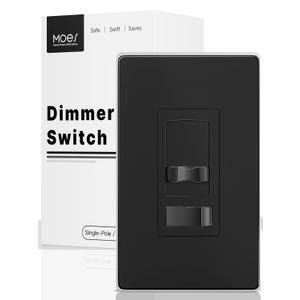 MOES Black Dimmer Light Switch, 3 Way & Single Pole Dimmable for LED, CFL, Incandescent, Halogen, 600Watt Max, ON/Off with Dimming Slide for Bedroom Hallway, No Neutral Wire Required (1 Pack with Wall Plate)