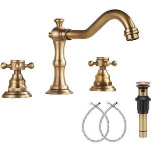 8 inch 2 Handles 3 Holes Widespread Bathroom Sink Faucet Antique Brass Bathroom Vanity Faucet Basin Mixer Tap Faucet Matching Metal Pop Up Drain with Overflow