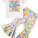 Tinypainter Girl Easter Outfit Short Sleeve Bunny T-Shir+Flared Bell Bottom Pants Easter Clothes, 6-7Y