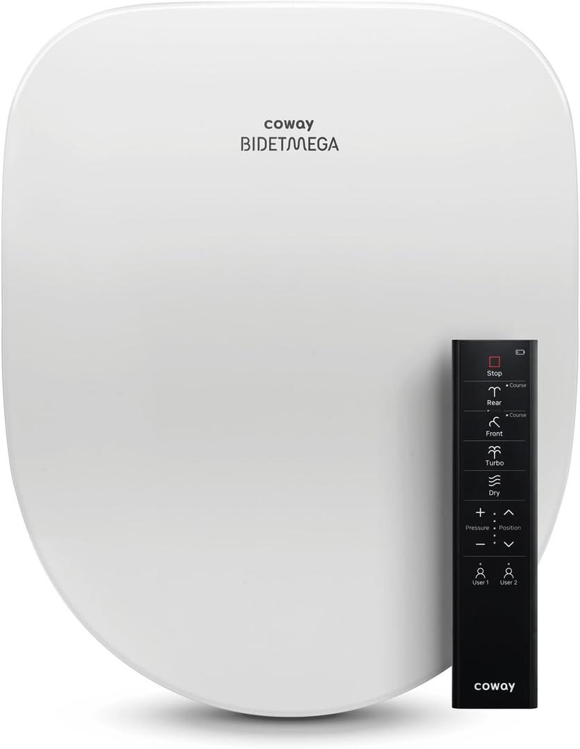 COWAY Bidetmega 500S Electronic Bidet Toilet Seat with Instantaneous Water Heating, Heated Seat and Dryer, Auto Open and Close Lid, Night Light, Deodorizer, Stainless Nozzle, Remote Control, Round