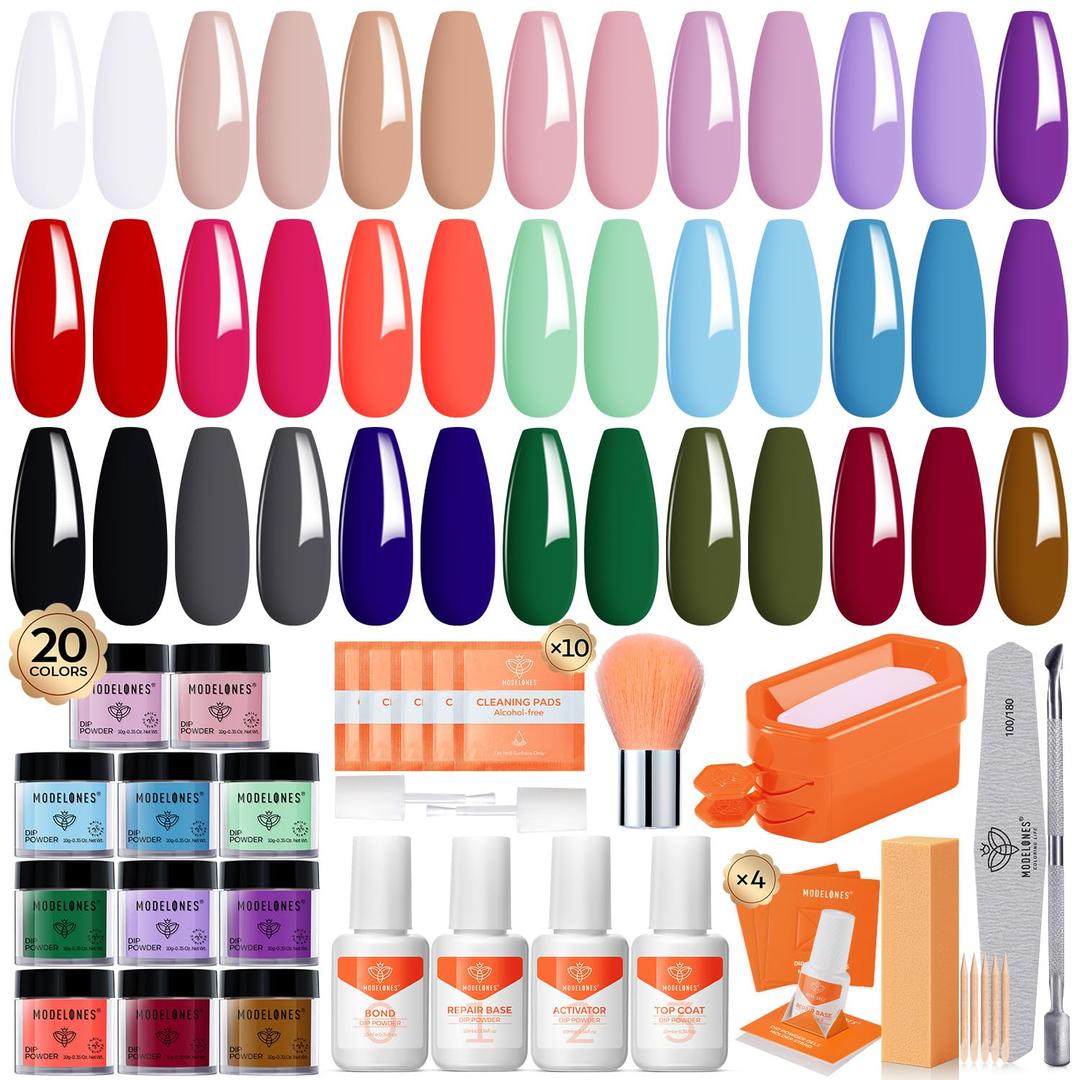 Modelones 20 Colors Dip Powder Nail Kit, Spring Summer Neon Orange Blue Black Pink Purple DIY Manicure Dipping Powder Kit Starter Set System with Activator Base Top Coat Gifts for Women (Beige)