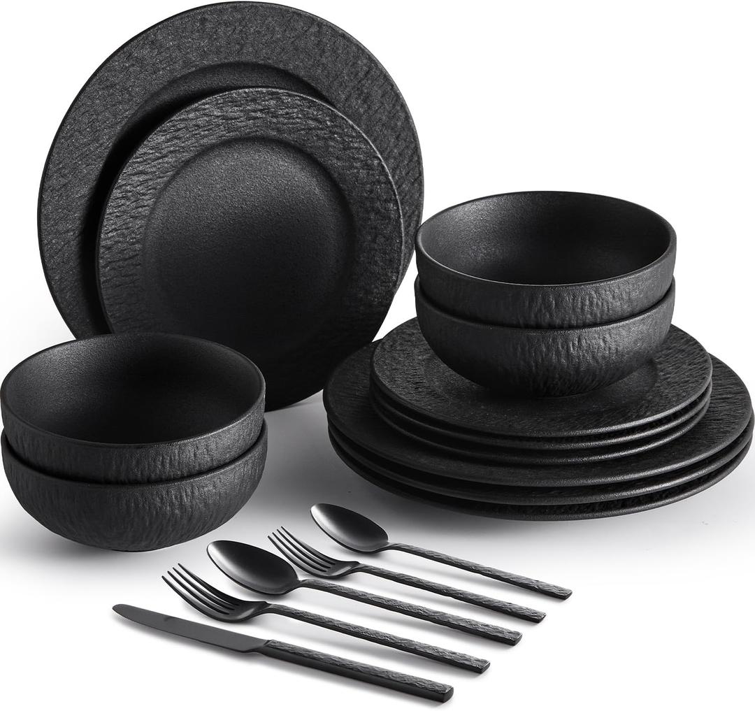 KINGSTONE Black Dinnerware Sets with flatware, 32-Piece Matte Marble Pattern Premium Porcelain, Place Setting with Dinner Plate, Salad Plate, Pasta Bowl, Microwave and Dishwasher Safe