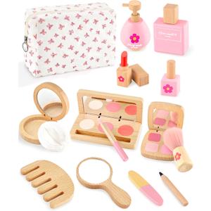 Wooden Pretend Makeup Kit for Girls Ages 35, Kids Pretend Play Cosmetic Set with Mirror, Lipstick, Nail Polish & Bag  Non Toxic Toy Makeup Set for Toddlers, for Toddler Girls