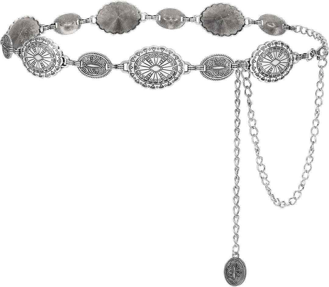 LEACOOLKEY Women Turquoise Concho Chain Waist Belt Silver Western Cowgirl Metal Chain Belt for Dress Adjustable (Fit for Waist up to 43")