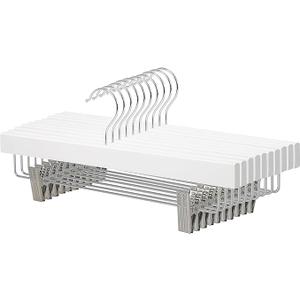 Amazon Basics Durable Wooden Pants and Skirt Hangers with Clips, Closet Organizer, White, 10-Pack