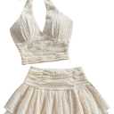 MakeMeChic Women's Summer 2 Piece Sets Halter Tops Ruffle Mini Skirt Set Tiered Layered Skort (Beige) Small
