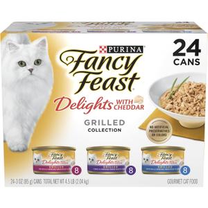 Purina Fancy Feast Delights with Cheddar Grilled Chicken, Turkey or Whitefish and Cheddar Cheese Feast in Gravy Wet Cat Food Variety Pack - (Pack of 24) 3 oz. Cans (EXP 03/31/28)