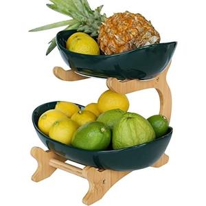 Mangoton 2 Tier Fruit Basket,Ceramic Fruit Bowl for Kitchen Counter,Fruit Basket for Kitchen,Fruteros para Cocina,Large Green